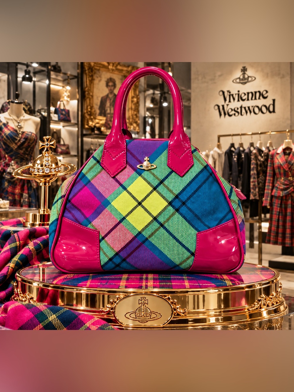Vivienne Westwood Pink Multi-Color Plaid Dome Satchel! Rare & Vintage! EUC!